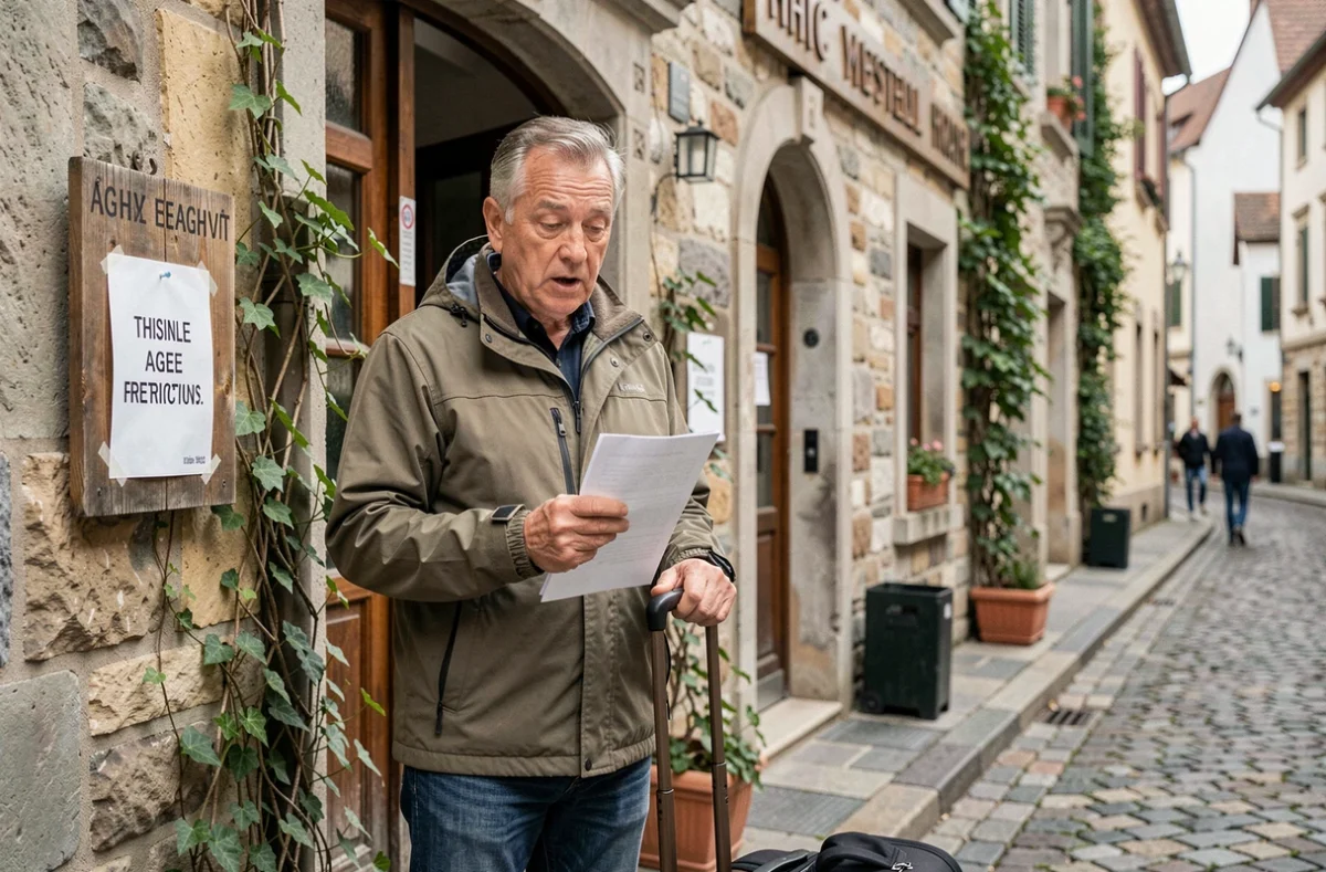 Homme d'âge mûr lisant les conditions d'âge affichées à l'entrée d'une auberge de jeunesse en Europe
