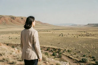 Voyageuse solitaire contemplant un paysage aride et reculé dans l'un des pays les moins visités au monde