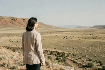 Voyageuse solitaire contemplant un paysage aride et reculé dans l'un des pays les moins visités au monde